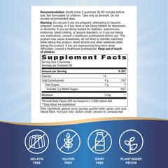 Close-up of label showing gluten-free, plant-based pectin and strawberry flavor