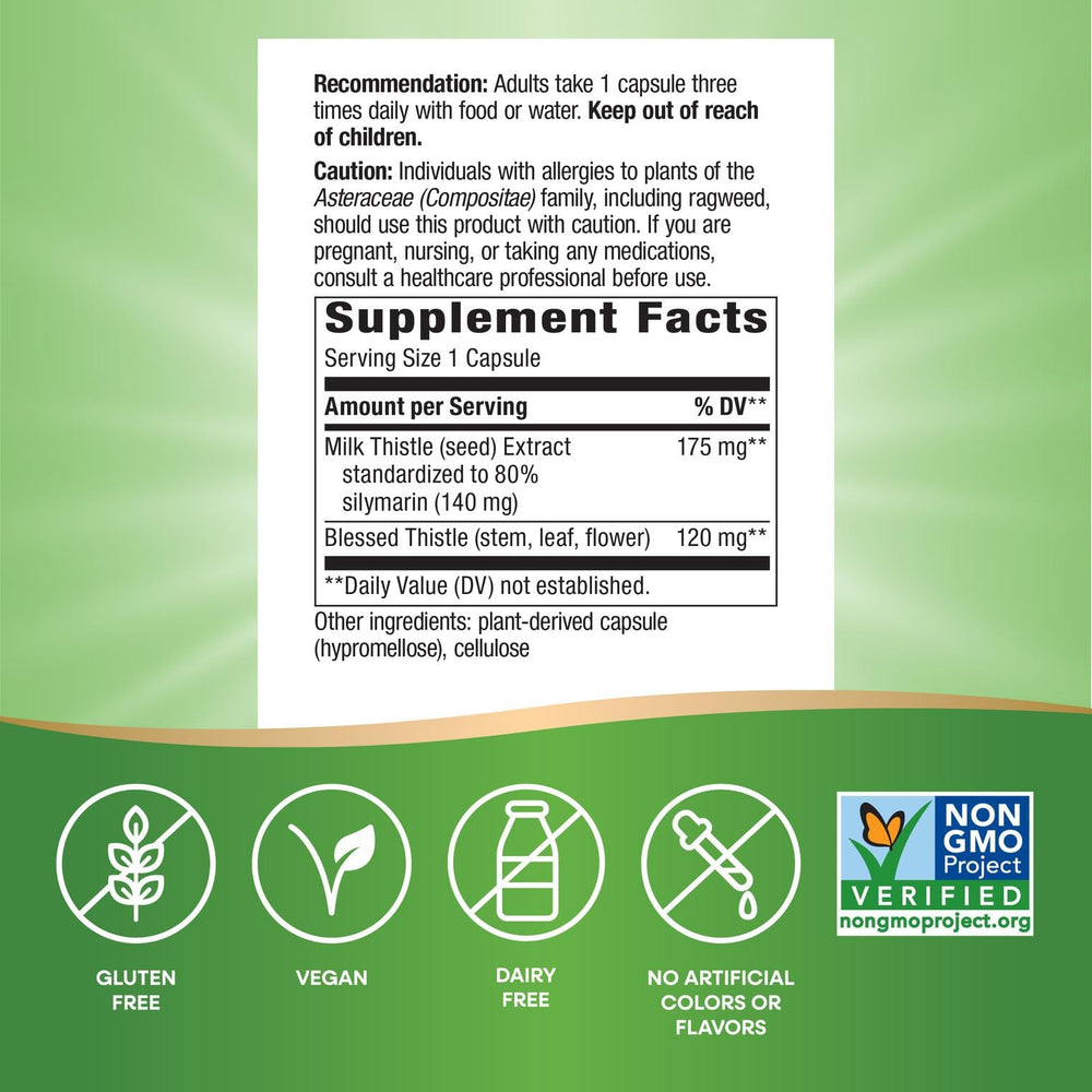 Close-up of Nature's Way Milk Thistle capsules for daily wellness routine.