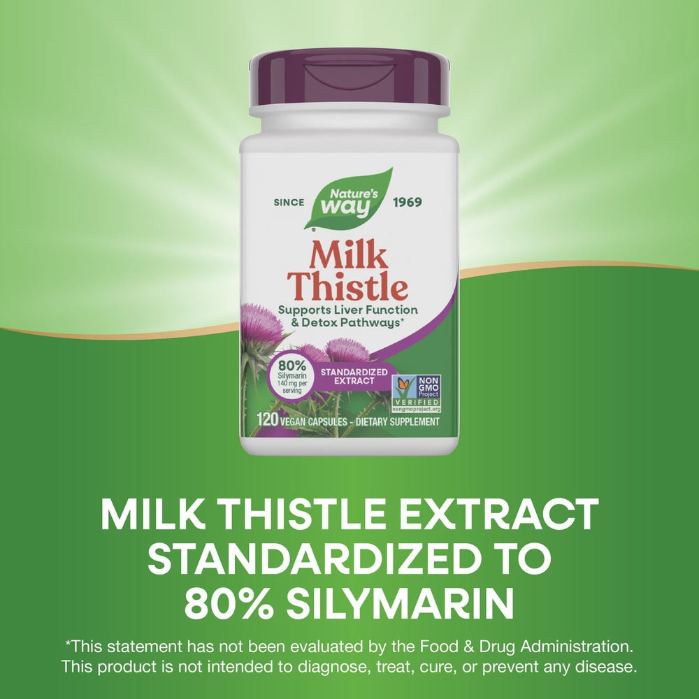 Nature's Way Milk Thistle seed extract close-up emphasizes standardized potency for reliable use.