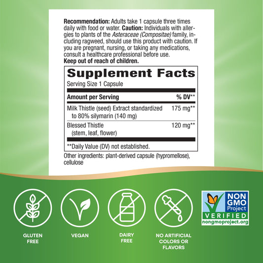 Nature's Way Milk Thistle seed extract label highlighting 80% silymarin.