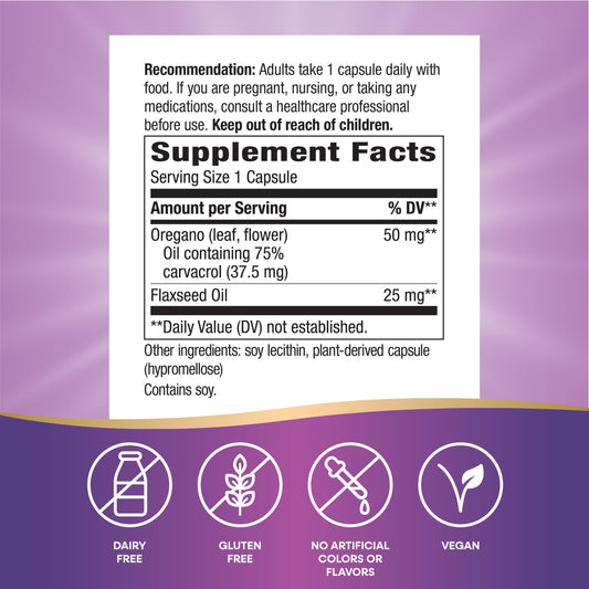 Close-up of Nature’s Way oregano oil capsules with 50 mg oregano and 25 mg flaxseed per serving