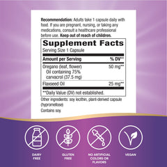 Close-up of Nature’s Way oregano oil capsules with 50 mg oregano and 25 mg flaxseed per serving