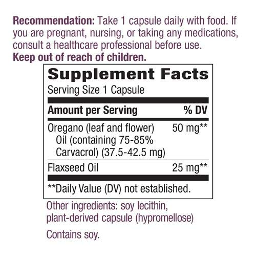 Nature's Way oregano oil with flaxseed ingredient highlighted on packaging
