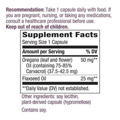 Nature's Way oregano oil with flaxseed ingredient highlighted on packaging