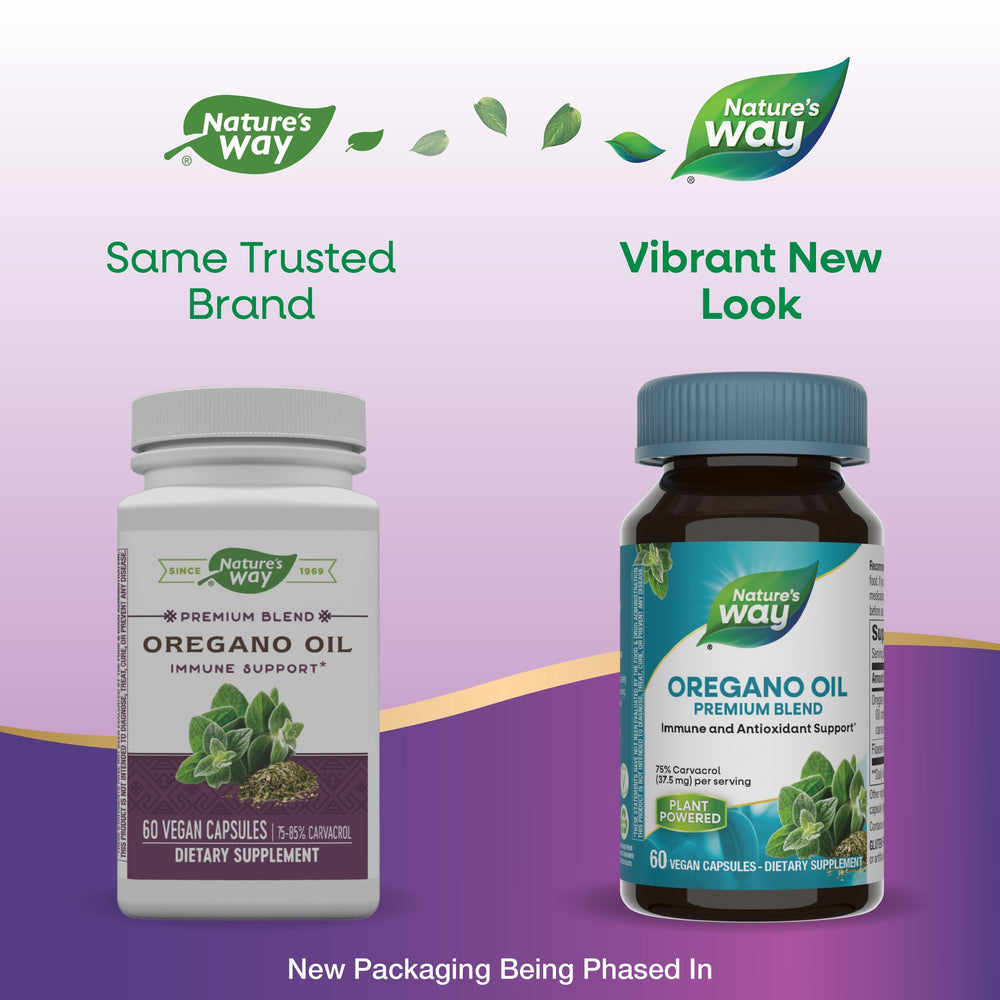 Nature’s Way oregano oil ingredients label showing oregano leaf and flower oil blend