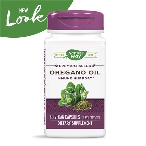Close-up of Nature's Way oregano oil label showing carvacrol content