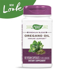 Close-up of Nature's Way oregano oil label showing carvacrol content