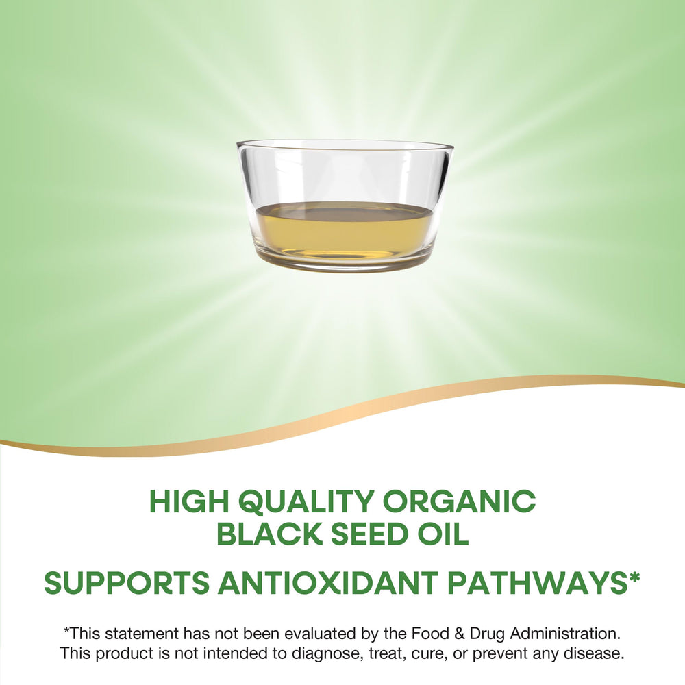 Nature's Way Organic Black Seed Oil glass bottle showcases purity for vegan and gluten-free use.