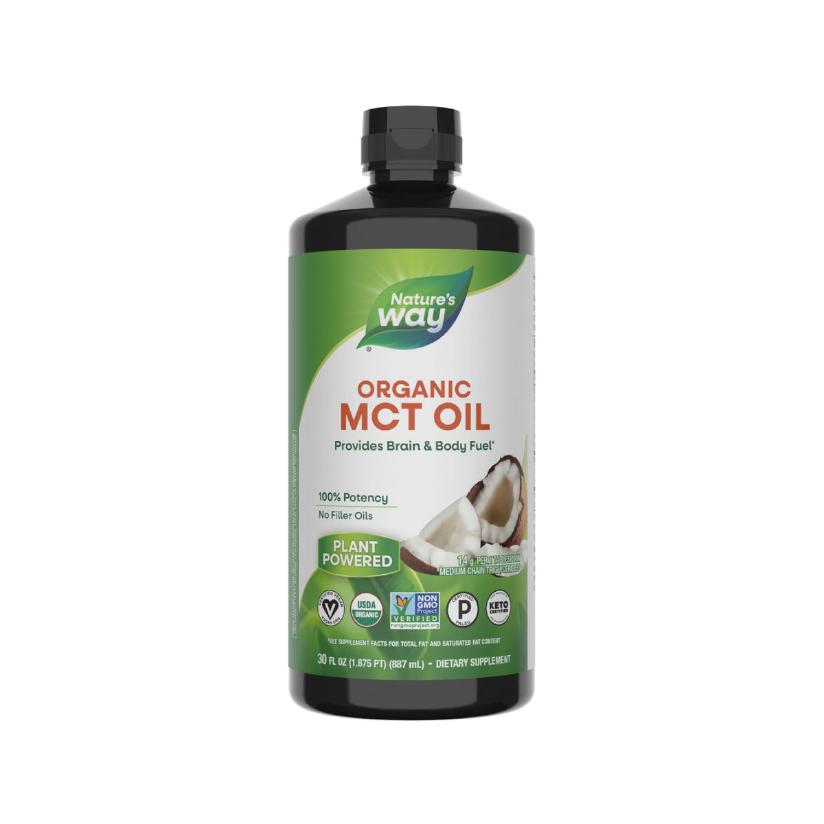 Nature's Way Organic MCT Oil bottle highlighting its 14 g MCT per serving and flavorless formula.
