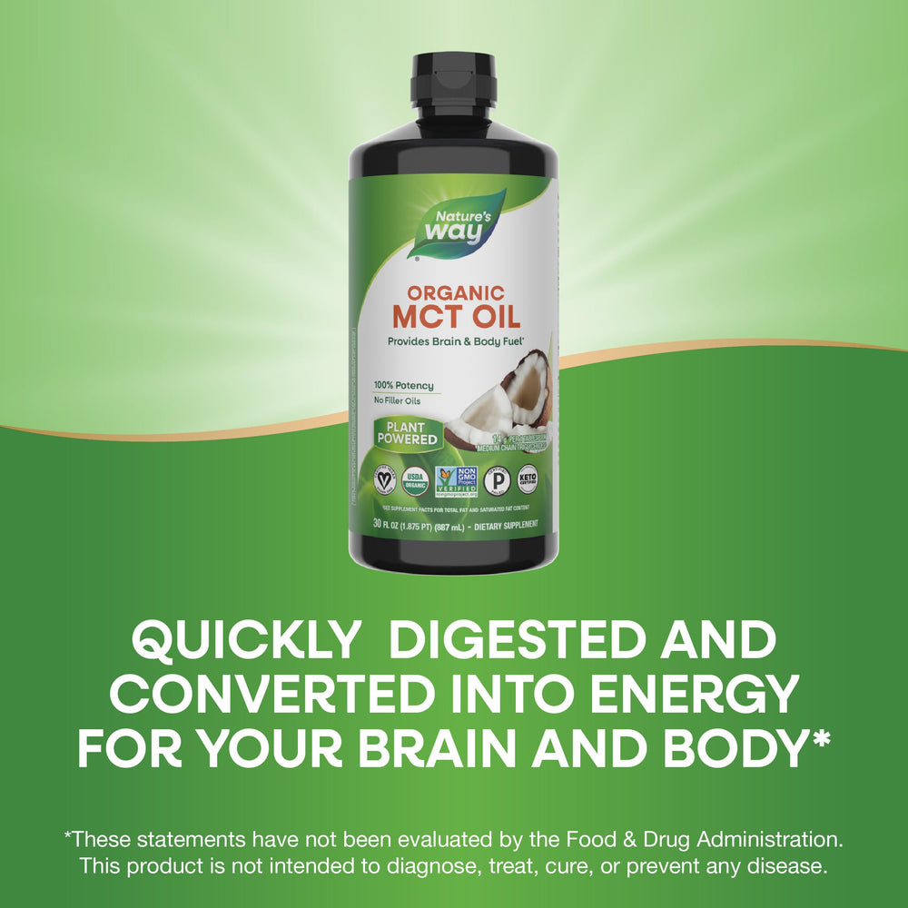 Nature's Way Organic MCT Oil label showing keto and paleo certifications and no palm oil.