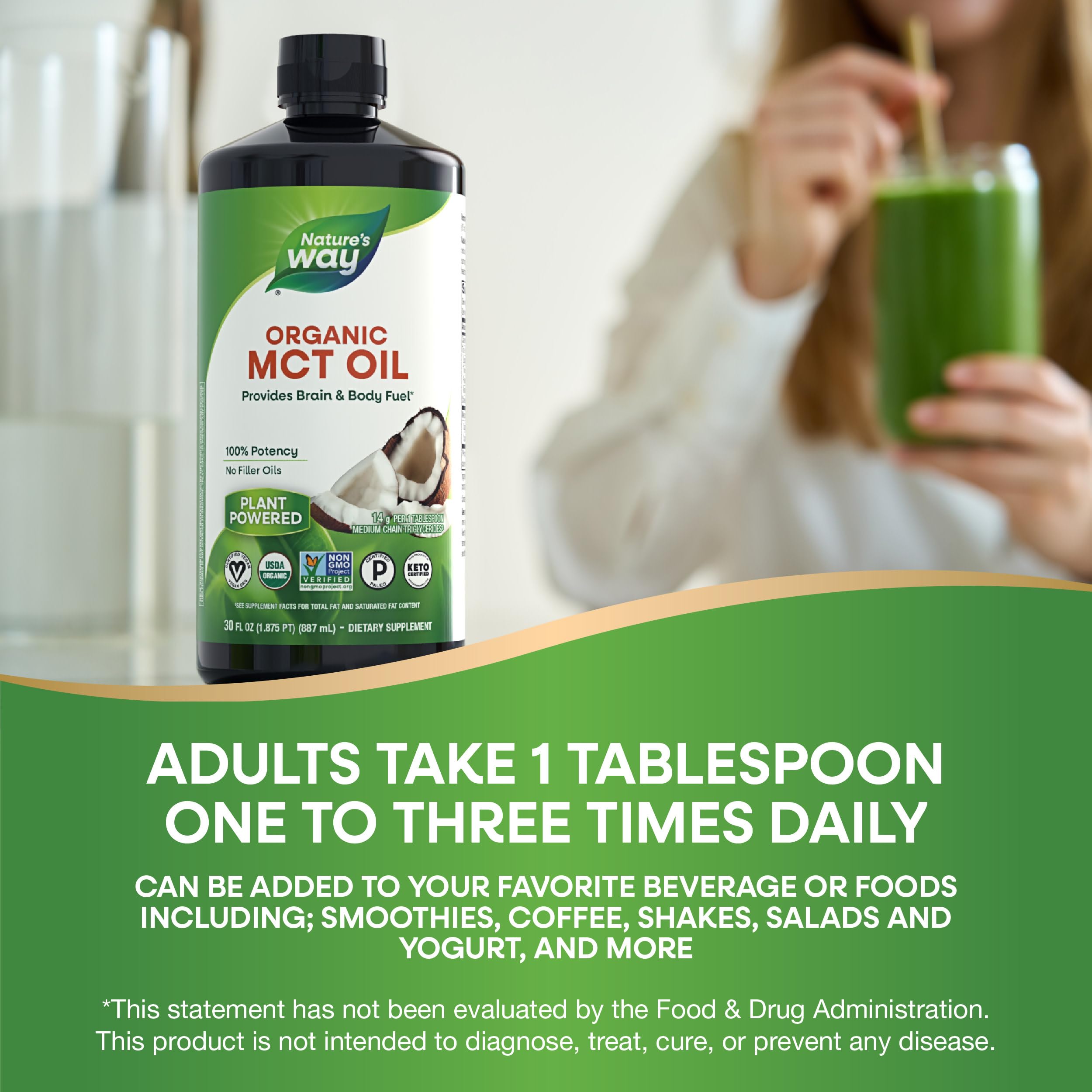 Nature's Way Organic MCT Oil blended into a smoothie for everyday energy.