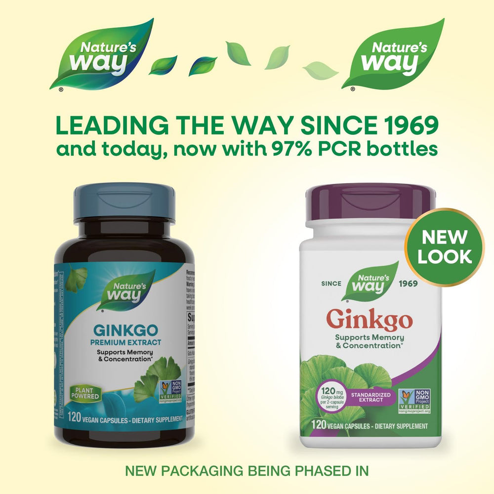 Nature's Way Ginkgo capsules closeup highlighting vegan capsules for daily use