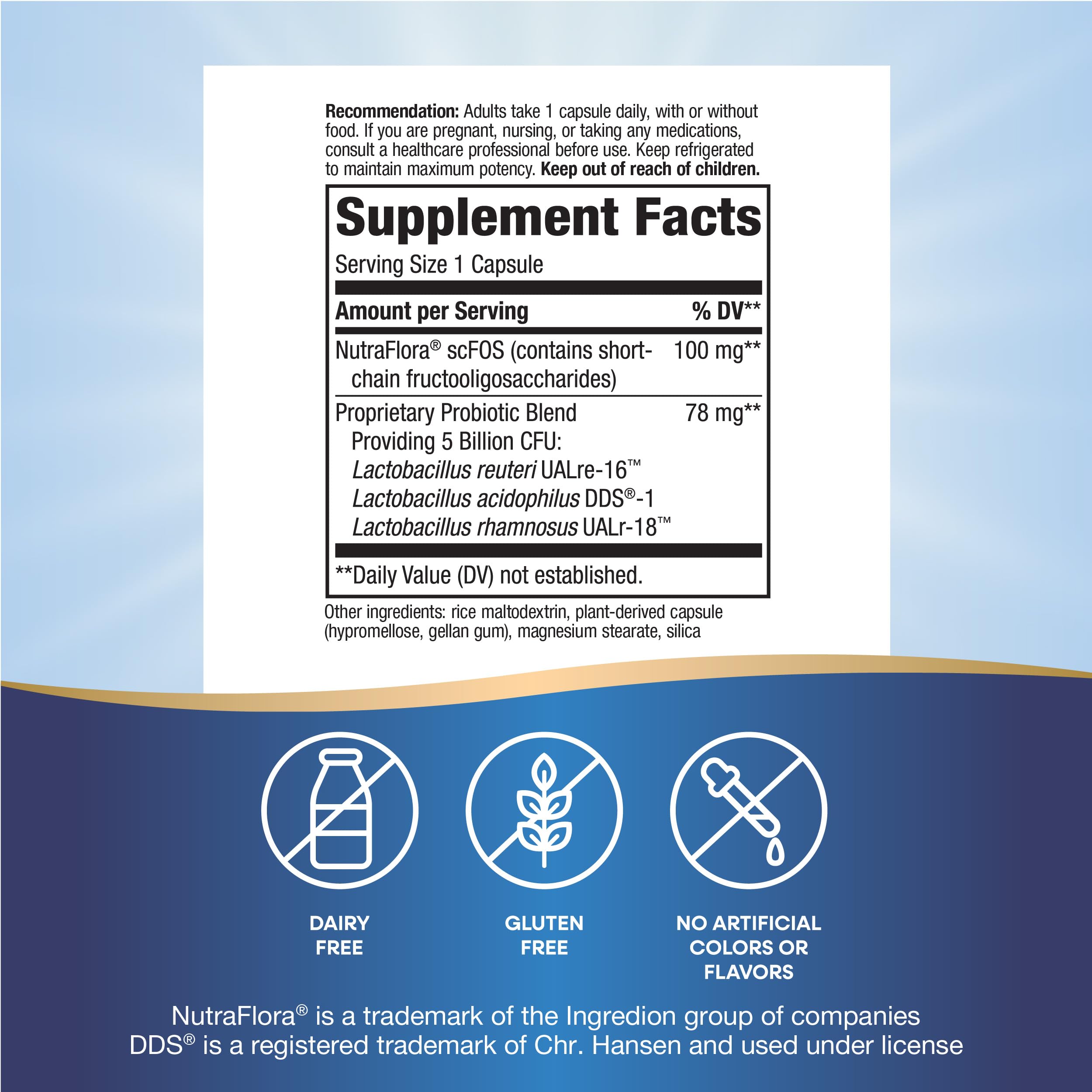 Nature's Way Primadophilus Reuteri probiotic daily use with capsule close-up.