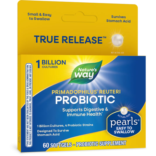 Nature's Way Primadophilus Reuteri Probiotic Pearls bottle with 60 softgels for daily balance