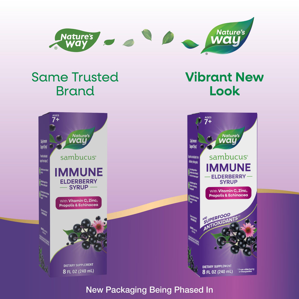 Pouring Nature's Way Sambucus Immune Syrup for easy dosing.