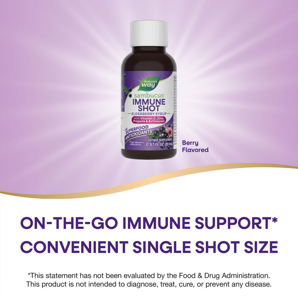 Pouring Nature's Way Sambucus Immune Shots demonstrates a convenient daily ritual
