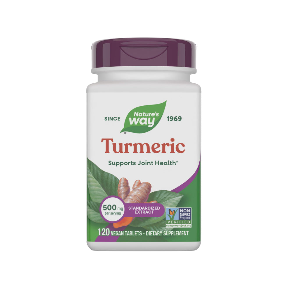 Nature's Way Turmeric Premium Extract bottle front view, signaling joint support potential.