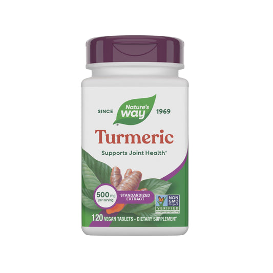 Nature's Way Turmeric Premium Extract bottle front view, signaling joint support potential.
