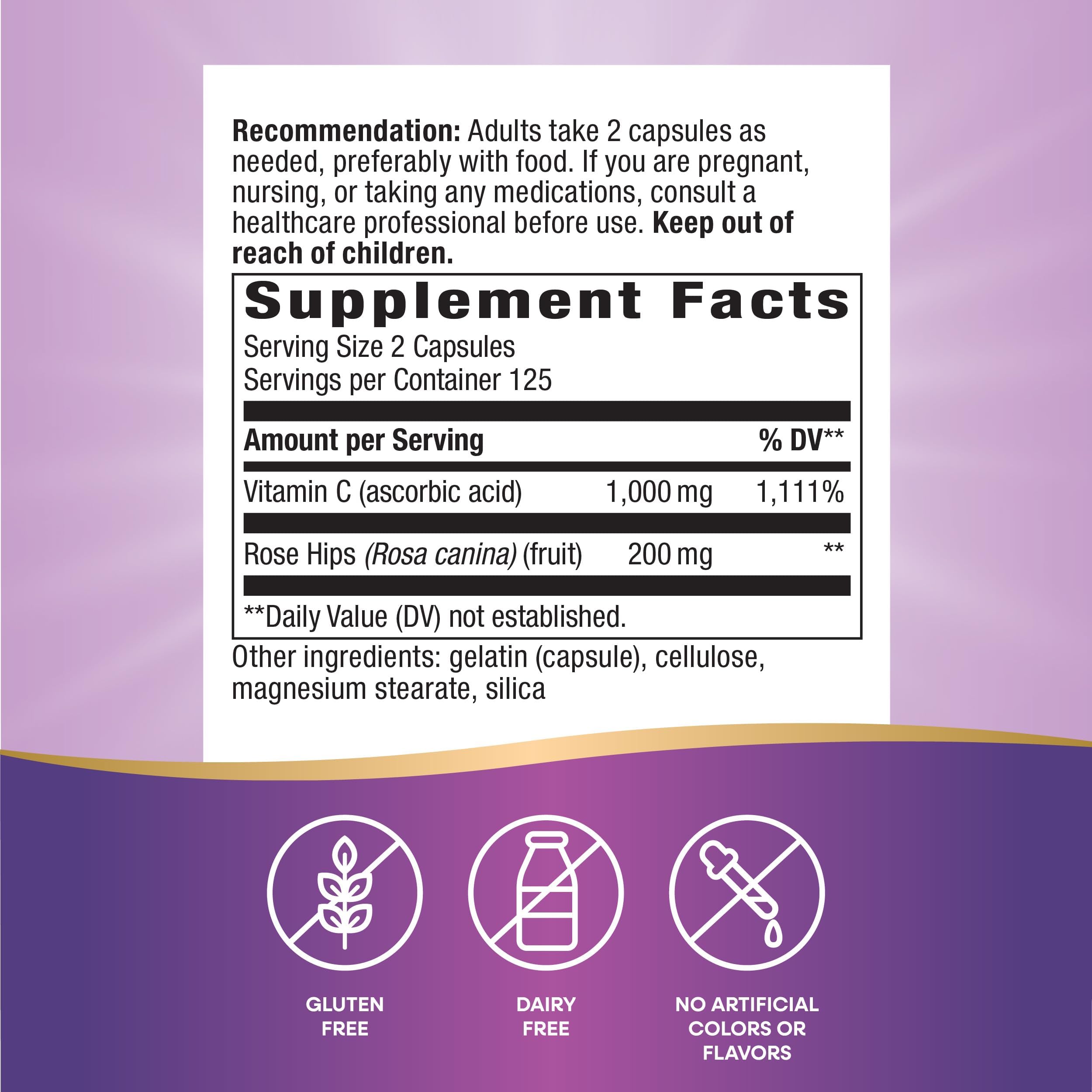 Nature's Way Vitamin C with Rose Hips capsules close-up for easy daily use