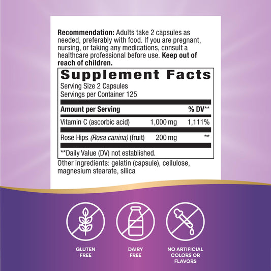 Nature's Way Vitamin C with Rose Hips capsules close-up for easy daily use