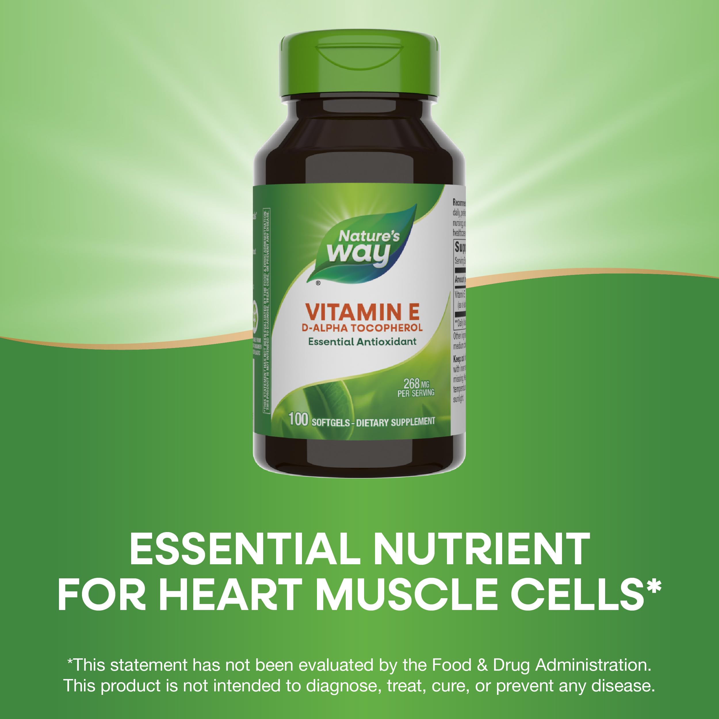Nature's Way Vitamin E capsules inside bottle for convenient daily use