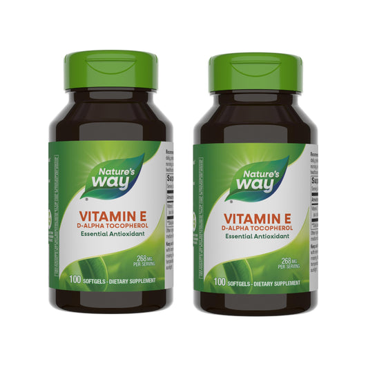 Nature's Way Vitamin E bottle close-up highlighting D-alpha tocopherol for antioxidant support