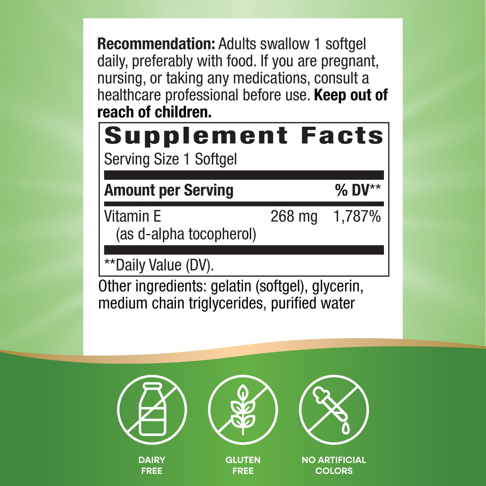 Nature's Way Vitamin E softgels displayed for daily antioxidant intake