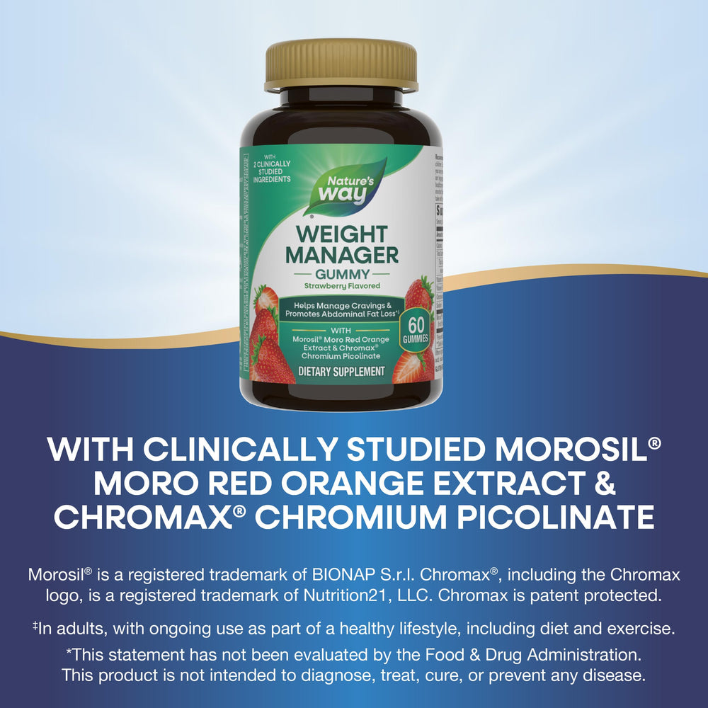 Nature's Way Weight Manager Gummy bottle display highlights portable, gluten-free formula.