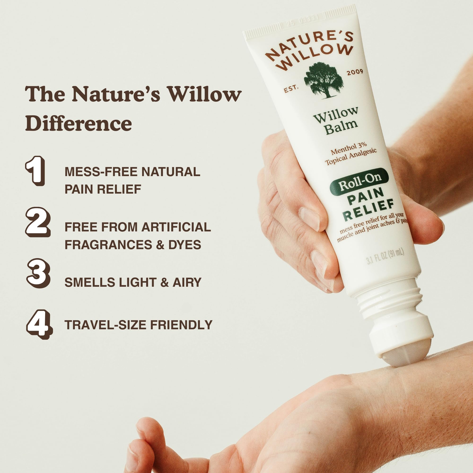 Nature's Willow Roll-On close-up highlighting menthol cooling effect