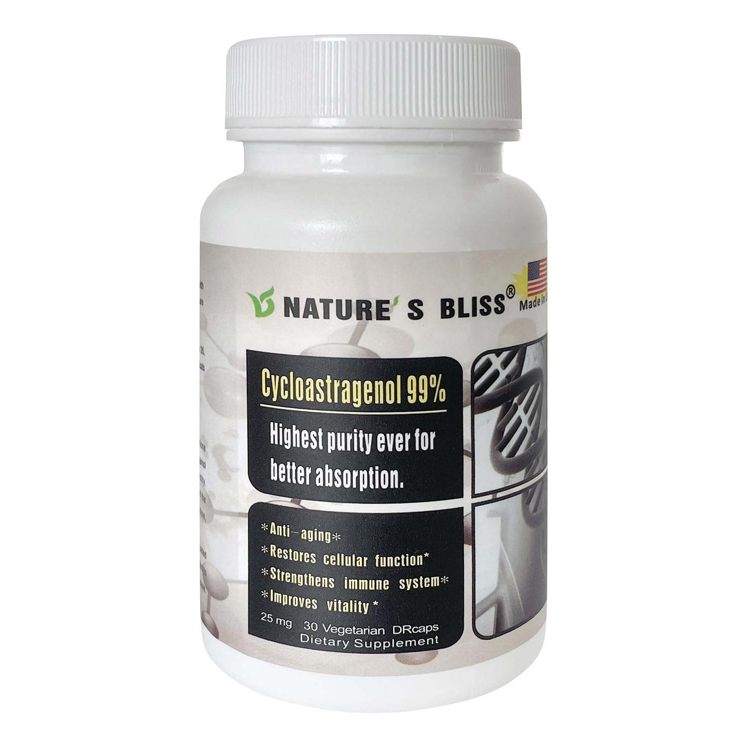 Nature'sbliss Cycloastragenol capsules close-up showing acid-resistant DRcaps design.