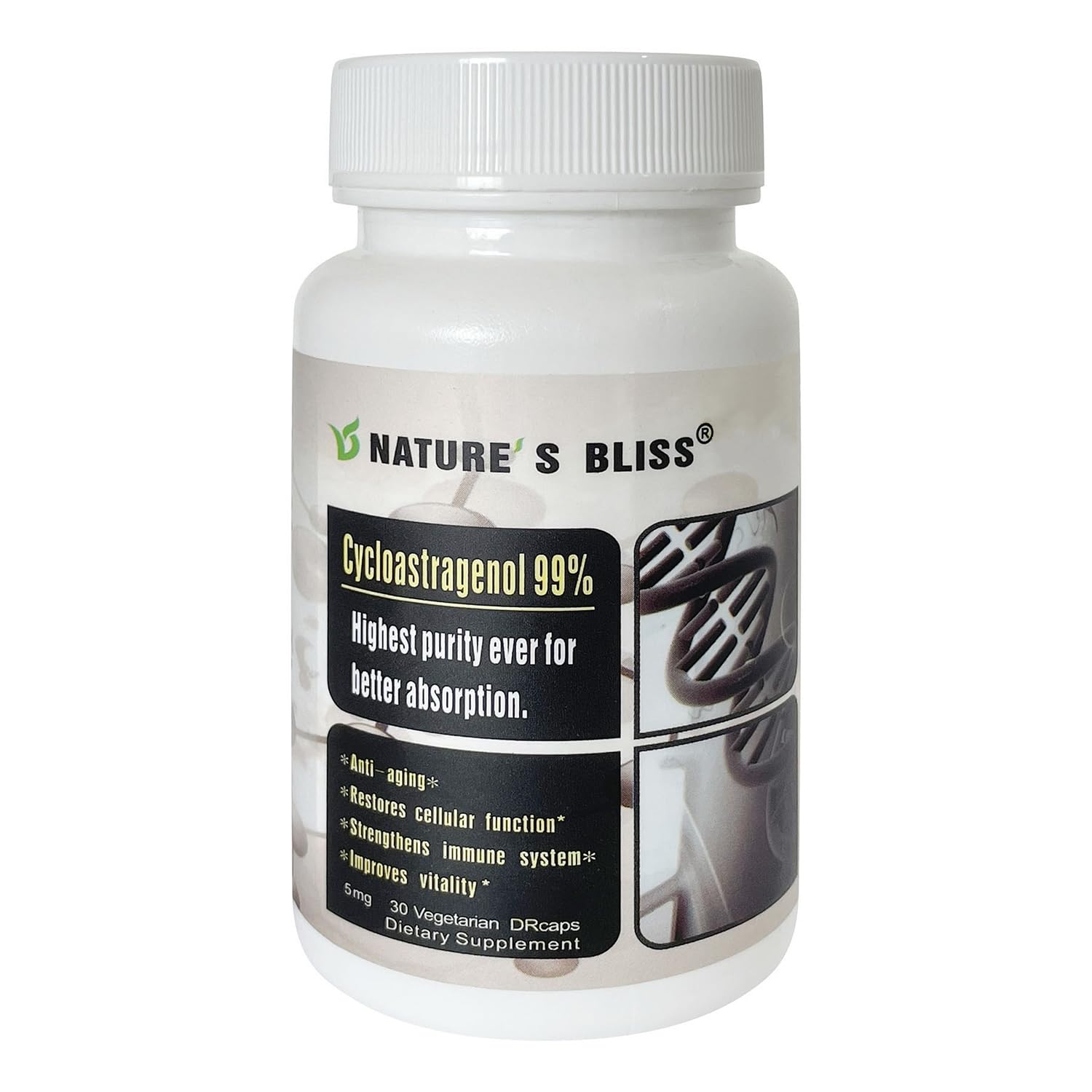 Nature'sbliss Cycloastragenol 30 caps bottle shows high-purity formula with absorption potential