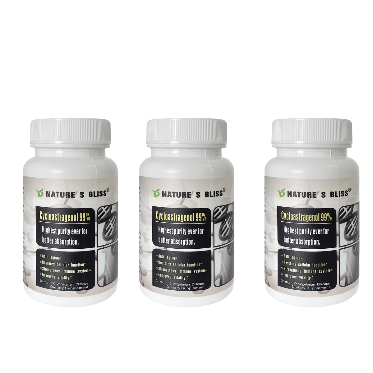 Nature'sbliss telomere bottle front showing brand name and product focus for potential wellness support.