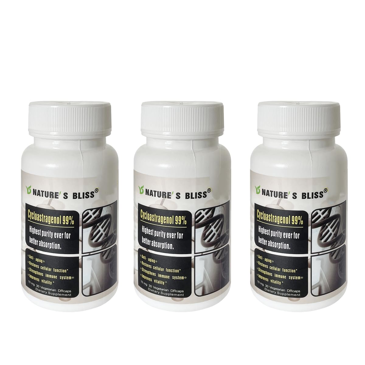 Nature'sbliss telomere supplements bottle front emphasizes USA-made quality