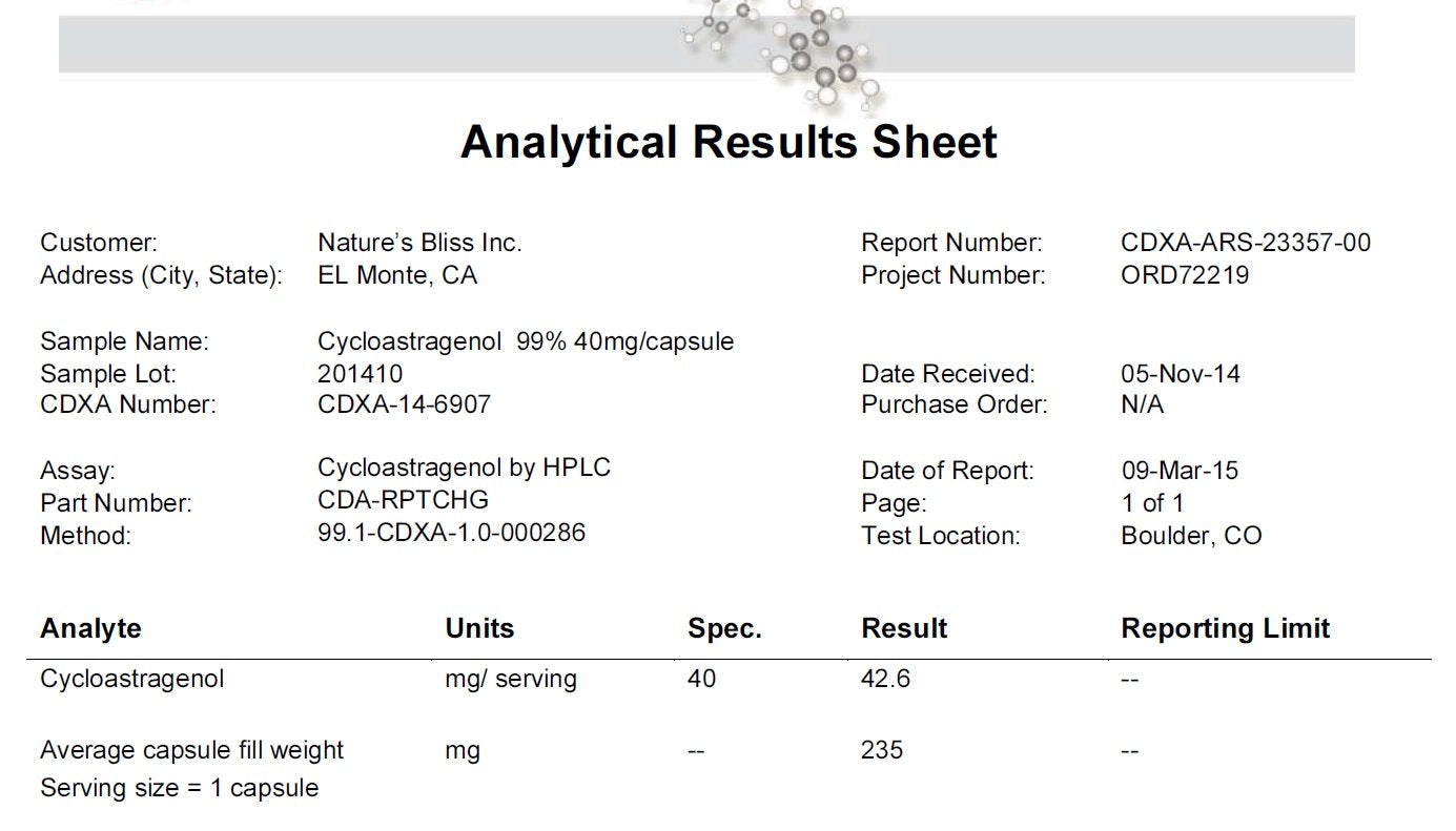 Nature'sbliss third-party lab certification indicating tested purity and potency.