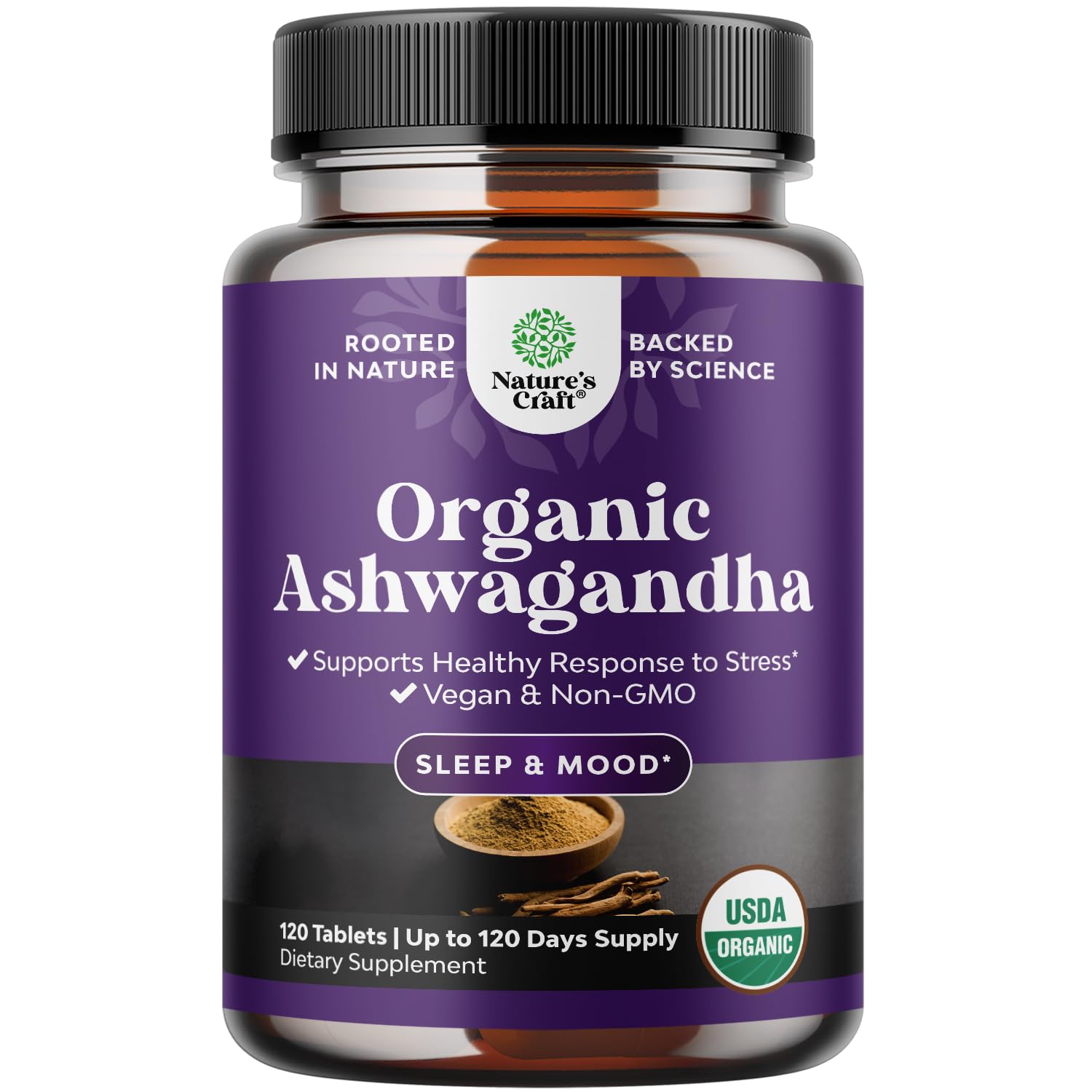 Natures Craft Ashwagandha organic tablets bottle close-up for daily stress support