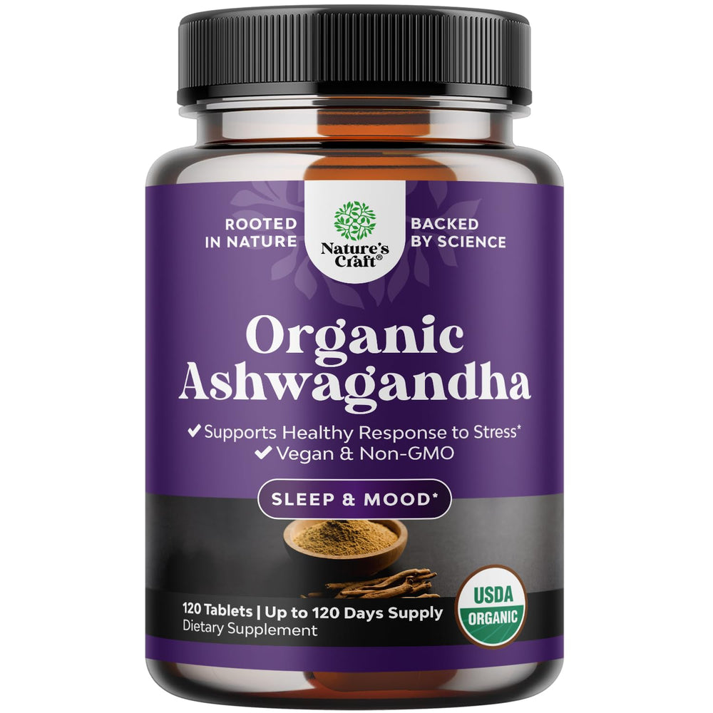 Natures Craft Ashwagandha organic tablets bottle close-up for daily stress support