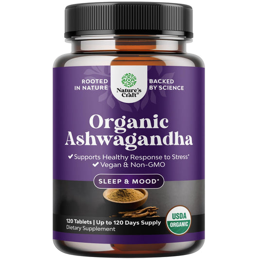 Natures Craft Ashwagandha organic tablets bottle close-up for daily stress support