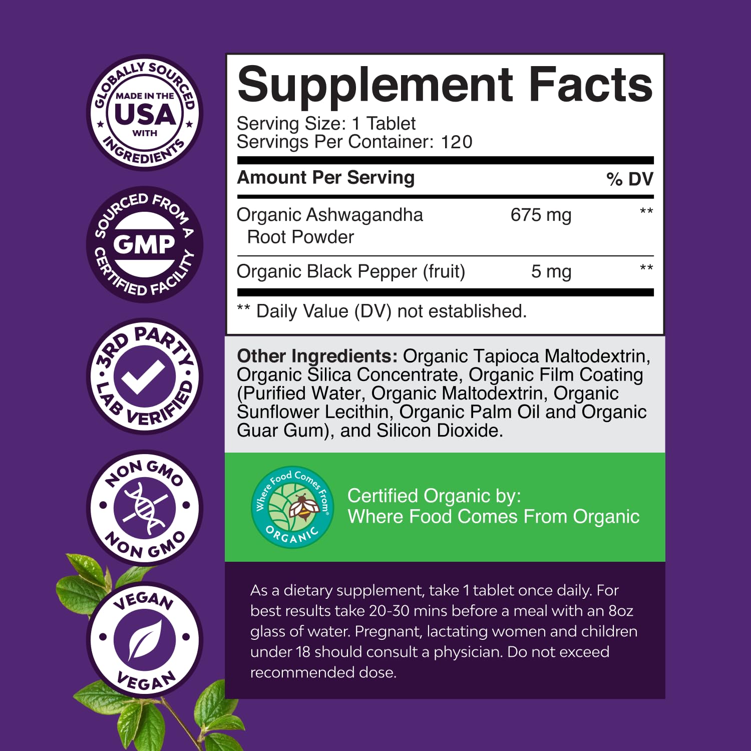 Natures Craft ashwagandha tablets pack closeup showing simple daily dosage