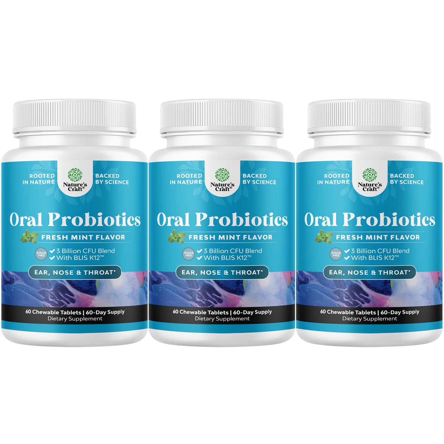Natures Craft BLIS K12 mint lozenges bottle for fresh breath support.