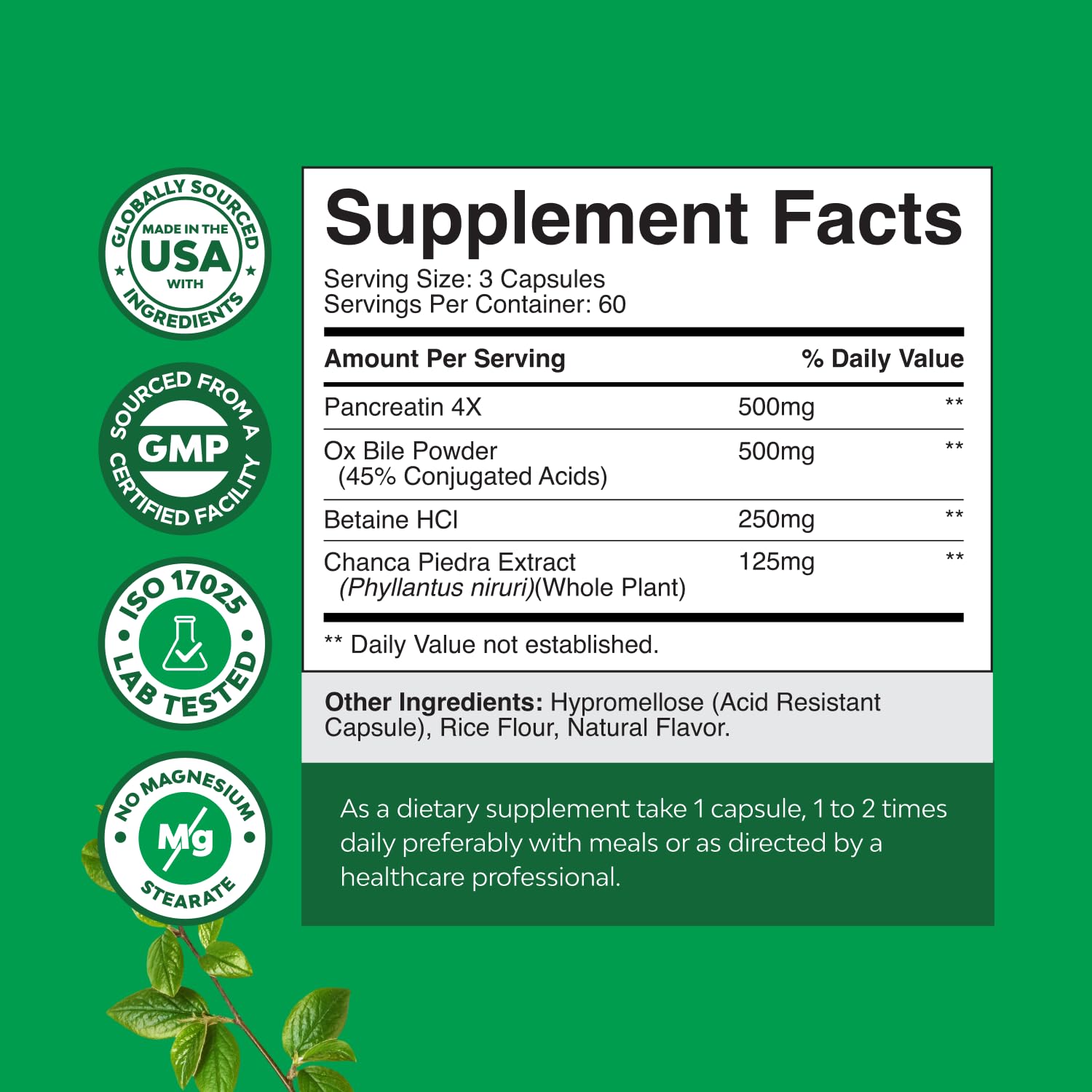 Nature's Craft bottle label detail highlights purified bile salts and enzymes.