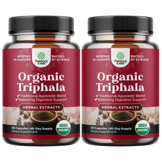 Natures Craft Digestive Triphala bottle close-up showing organic capsules for gut support