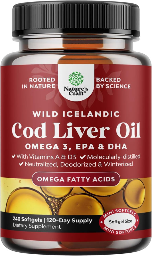 Natures Craft Icelandic cod liver oil softgels bottle for daily omega-3 support.
