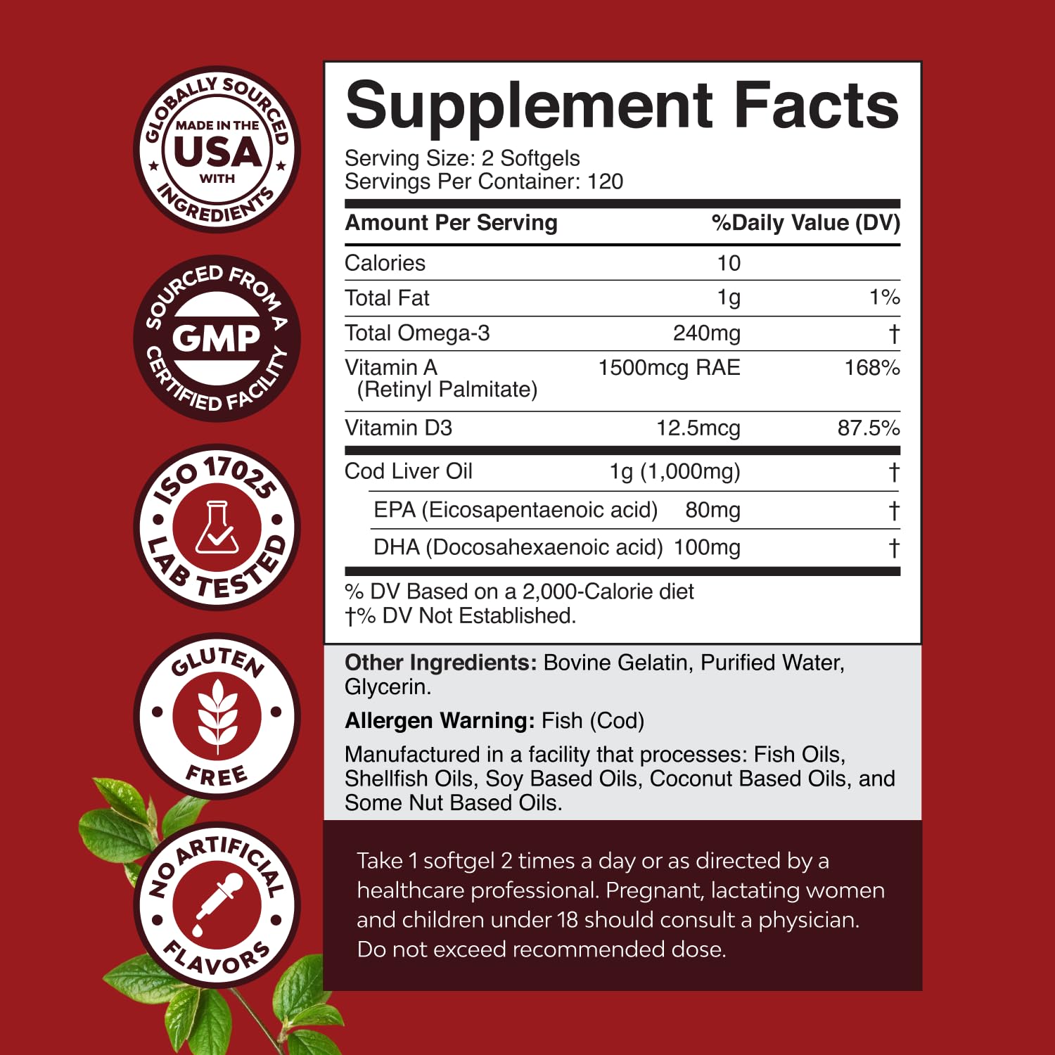 Natures Craft cod liver oil softgels pouring into a meal-ready serving for absorption.