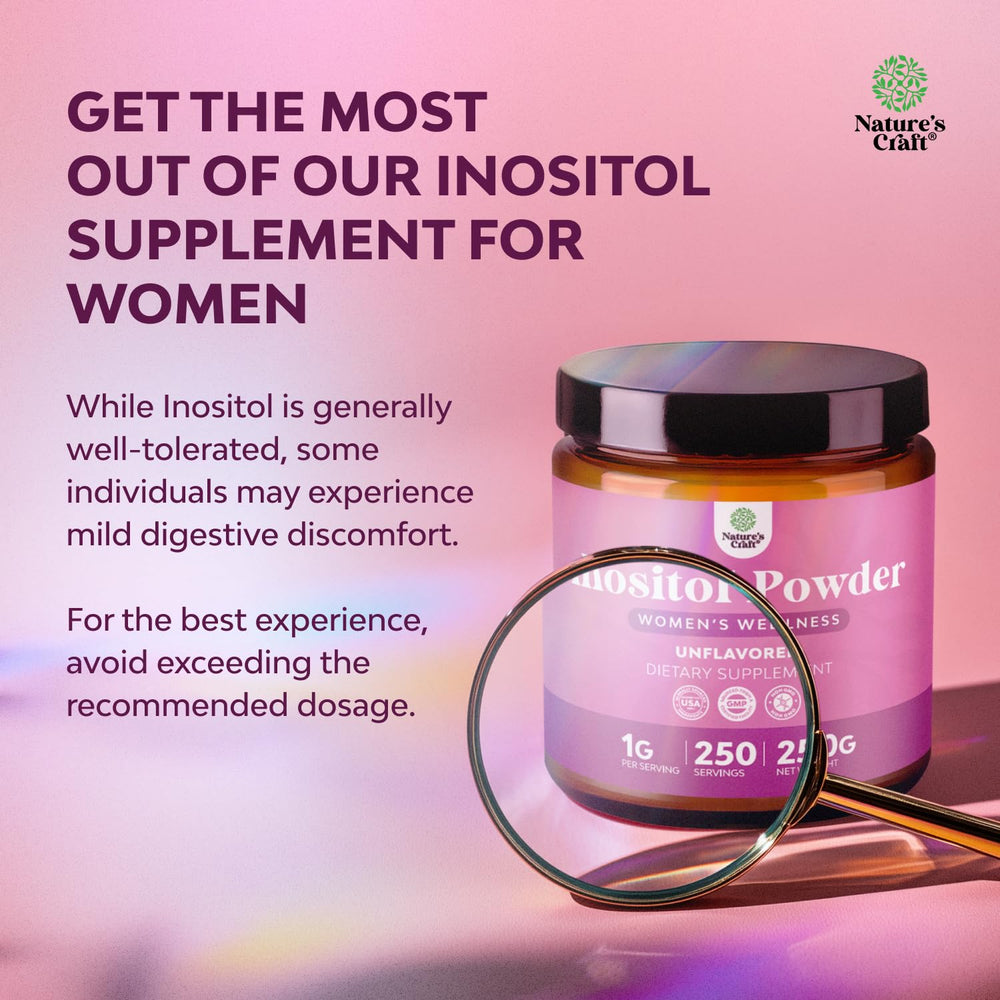 Natures Craft Inositol Powder poured into water to show easy mixing