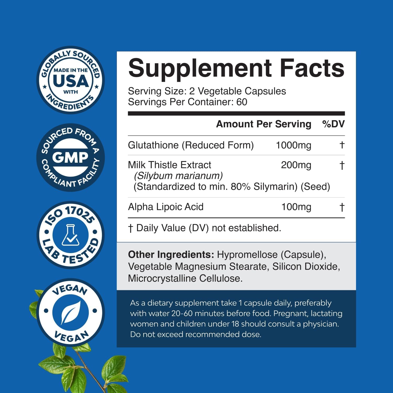 Natures Craft label close-up highlights alpha-lipoic acid and milk thistle for antioxidant synergy.