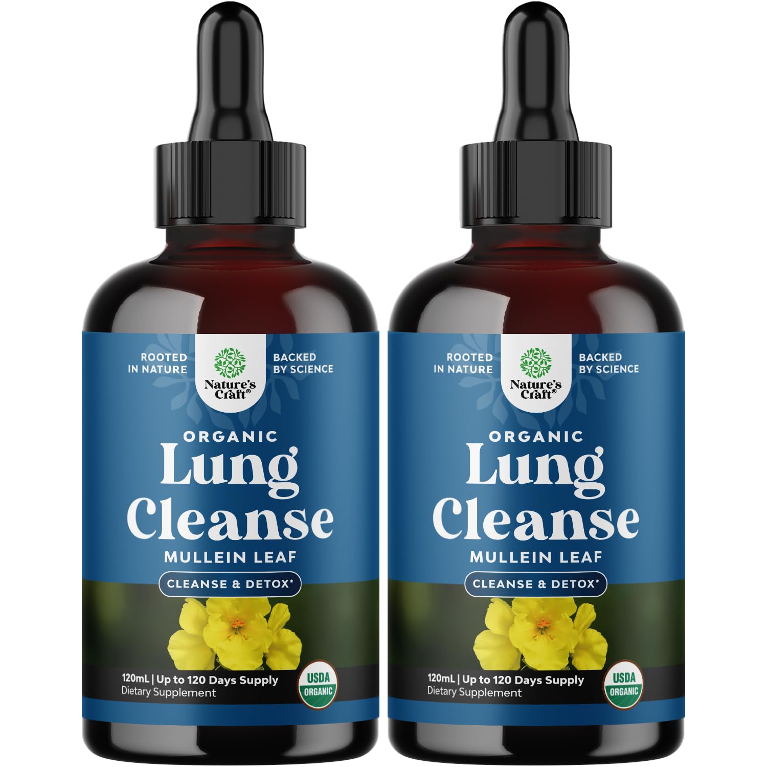 Natures Craft Organic Mullein Drops bottle closeup for lung support.