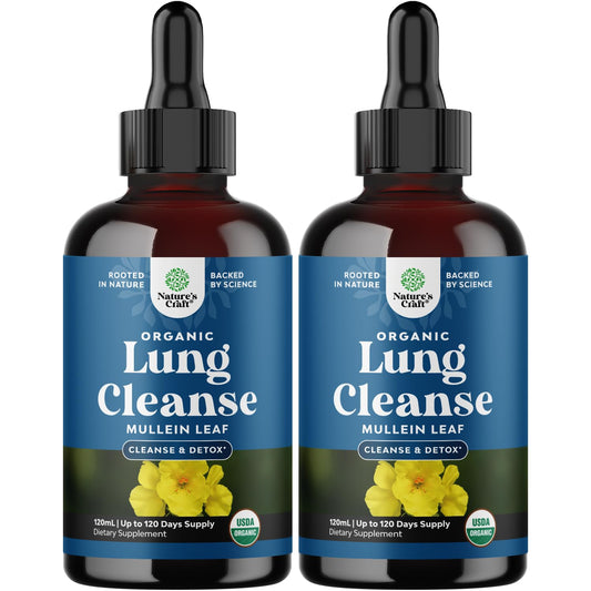 Natures Craft Organic Mullein Drops bottle closeup for lung support.