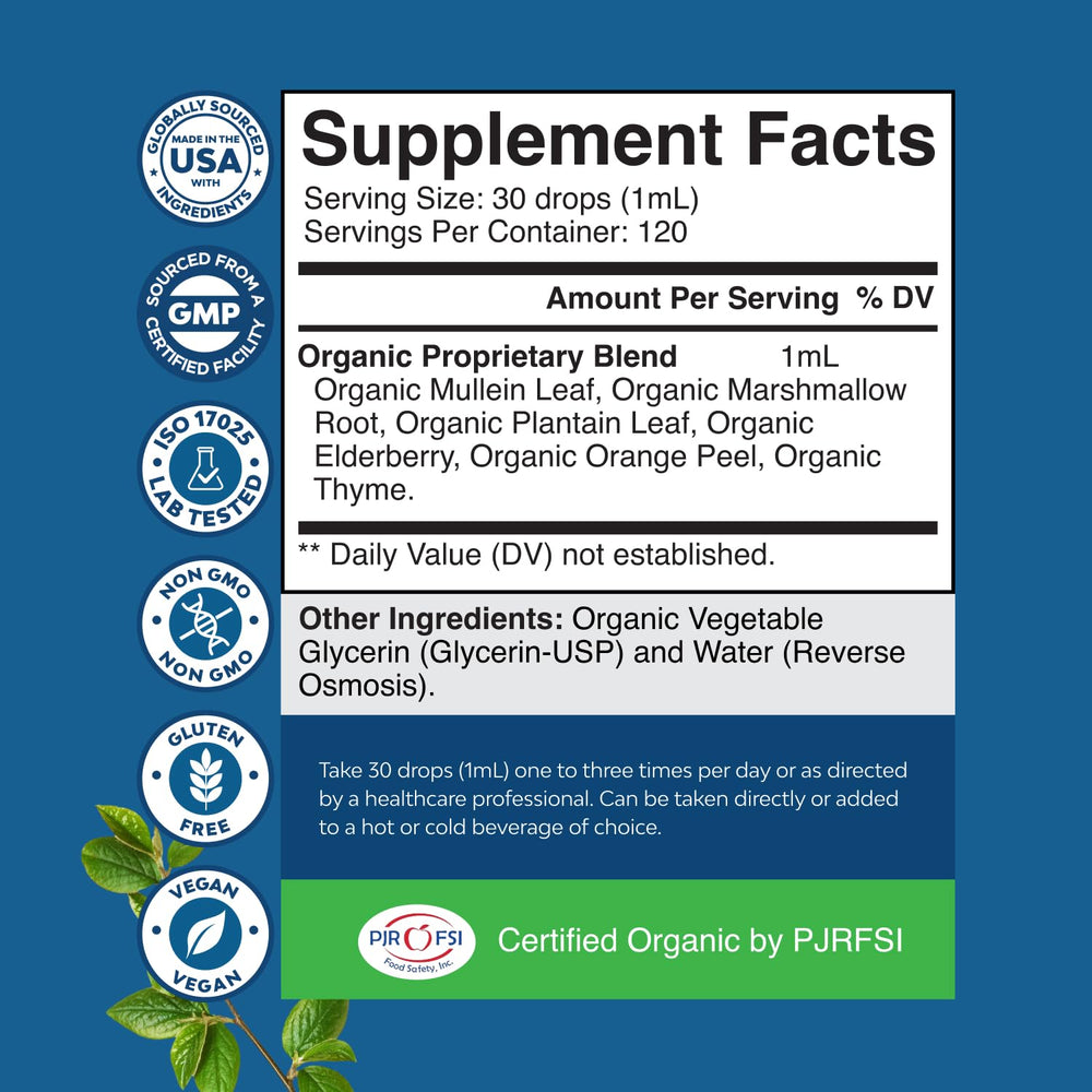 Natures Craft mullein leaf drops label shot showing vegan organic ingredients.