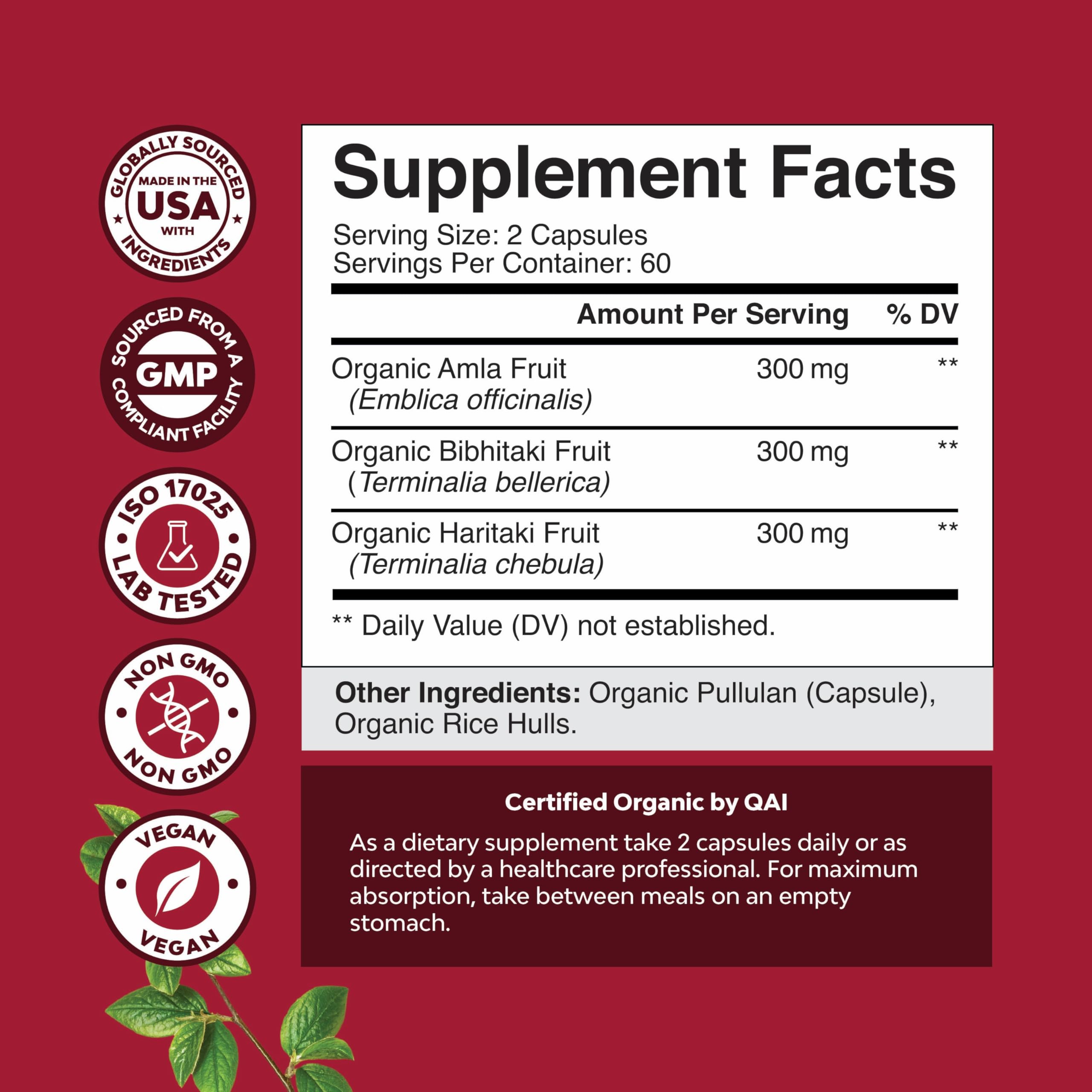 Natures Craft Organic Triphala label highlighting vegan non-GMO formula for digestion