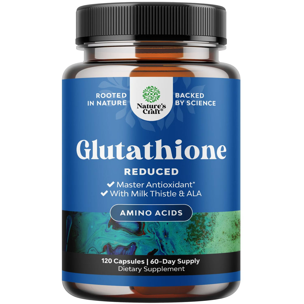 Natures Craft Reduced Glutathione bottle promotes skin radiance and liver support.